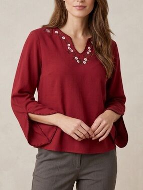 Anne Carson Embroidered Silk V-Neck Long Sleeve Shirt Red Top Size Medium